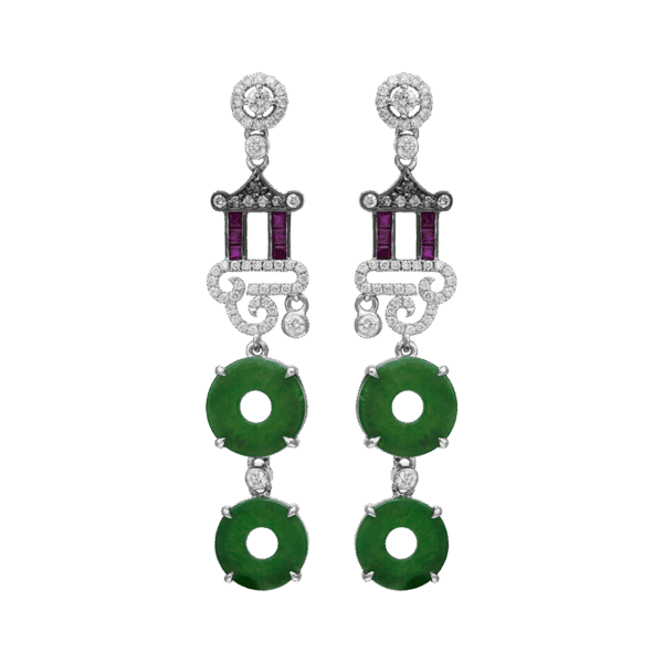 "Jade Eaves" Jadeite Ruby Diamond Dangling Earrings