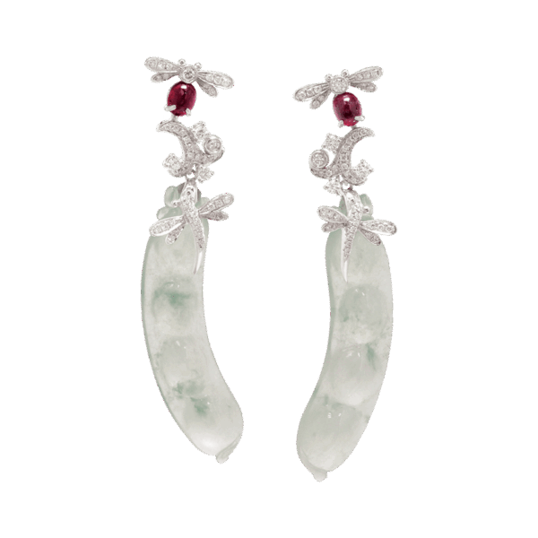 Pea Pod Jadeite Ruby Diamond Dangling Earring