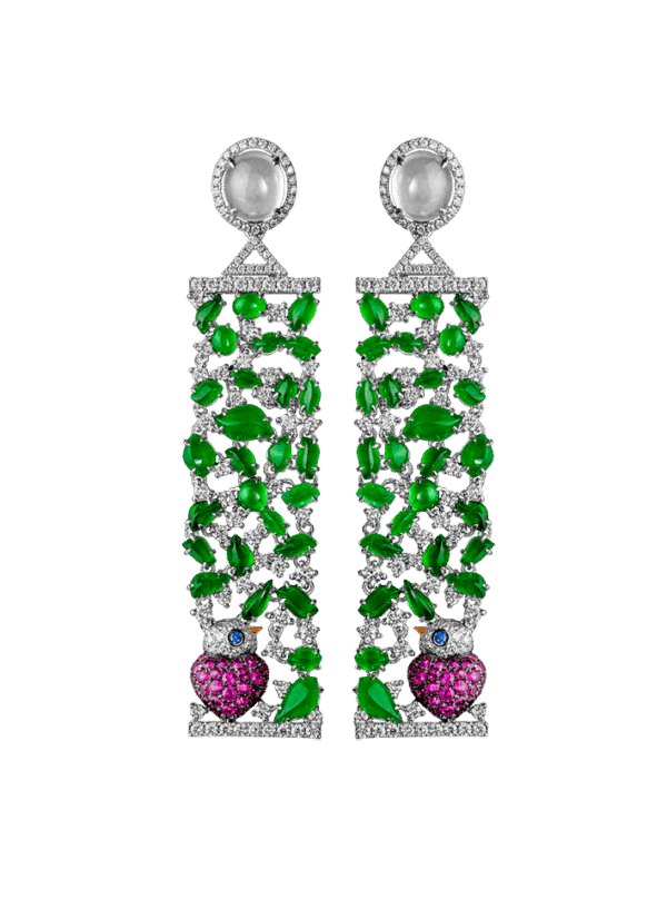 “The Charming Willow” Diamond Ruby Jade Earrings