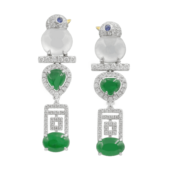 Gleaming Birds Icy Jadeite Diamond Earrings