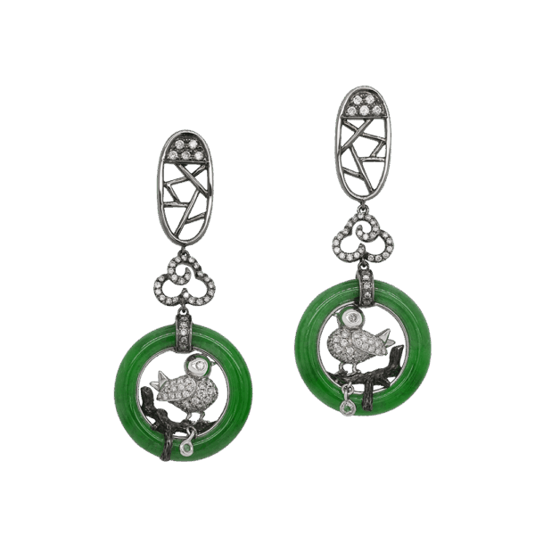 "Songbird Harmony" Jadeite Diamond Dangling Earrings