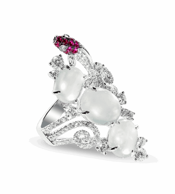 "Joyousness" Ice Jadeite Ruby Diamond Ring